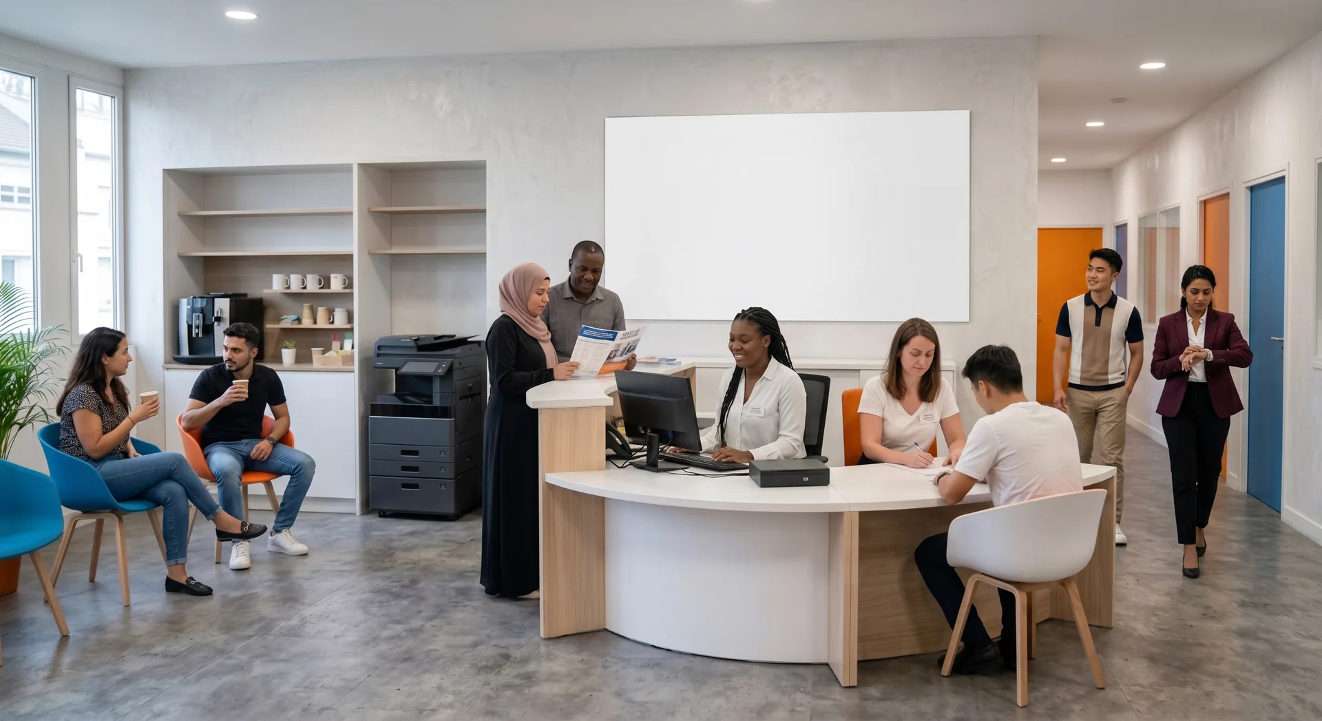 Espace d'accueil d'un centre MOVE UP FORMATION : conseillères à la banque d'accueil et candidats de diverses origines